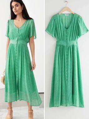 & Other Stories Green Floral Print Midi Spring Dress